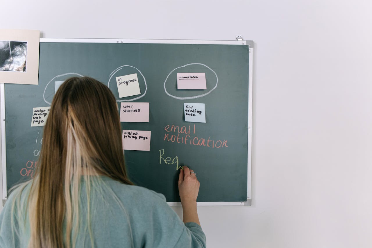 The Art of Drawing Readers In: Your attractive post title goes here A woman writing on a chalkboard with business strategy notes in a modern office environment.